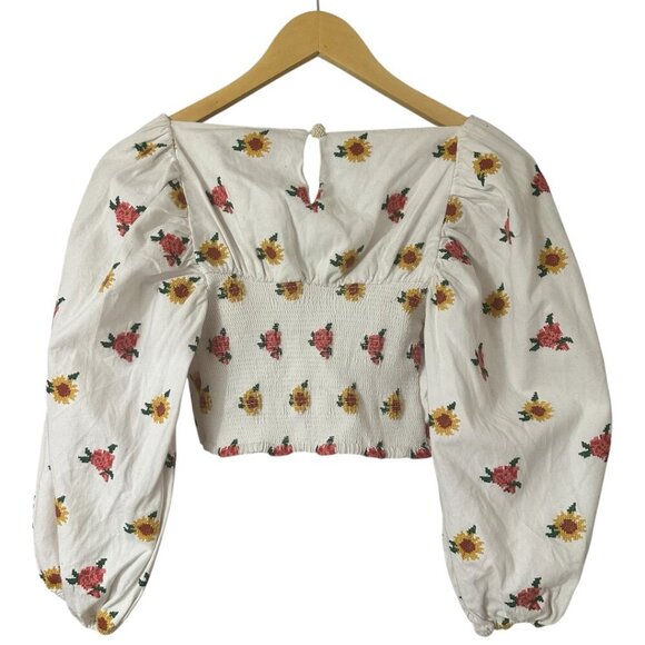 Farm Rio Floral Cross Stitch Embroidered Crop Top XS Puff Sleeves Boho - Picture 7 of 12